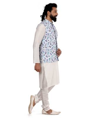 Men Off White Cotton Printed Nehru Jacket with Plain White Dupion Silk Kurta Churidar 3