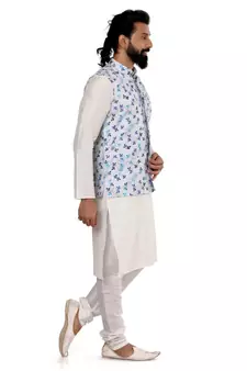 Men Off White Cotton Printed Nehru Jacket with Plain White Dupion Silk Kurta Churidar