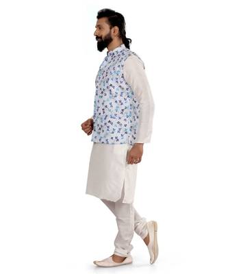 Men Off White Cotton Printed Nehru Jacket with Plain White Dupion Silk Kurta Churidar 4