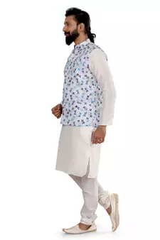 Men Off White Cotton Printed Nehru Jacket with Plain White Dupion Silk Kurta Churidar