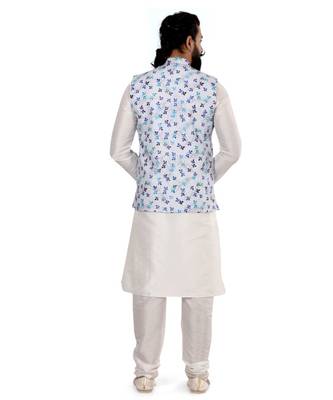 Men Off White Cotton Printed Nehru Jacket with Plain White Dupion Silk Kurta Churidar 5