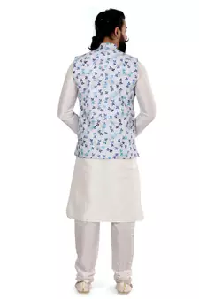 Men Off White Cotton Printed Nehru Jacket with Plain White Dupion Silk Kurta Churidar