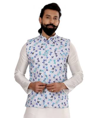 Men Off White Cotton Printed Nehru Jacket with Plain White Dupion Silk Kurta Churidar 6