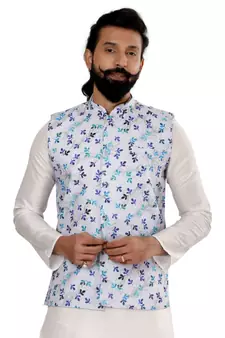 Men Off White Cotton Printed Nehru Jacket with Plain White Dupion Silk Kurta Churidar