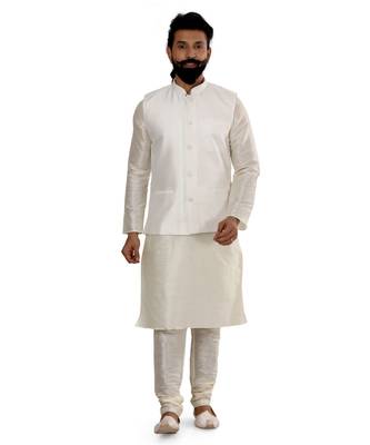 Men White Dupion Silk Nehru Jacket with Plain White Dupion Silk Kurta Churidar 2