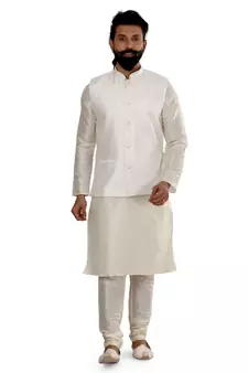 Men White Dupion Silk Nehru Jacket with Plain White Dupion Silk Kurta Churidar