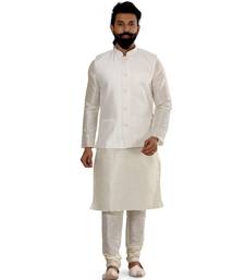 Men White Dupion Silk Nehru Jacket with Plain White Dupion Silk Kurta Churidar