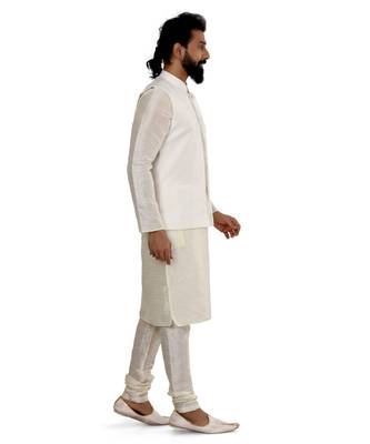 Men White Dupion Silk Nehru Jacket with Plain White Dupion Silk Kurta Churidar 3