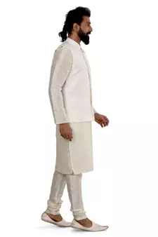 Men White Dupion Silk Nehru Jacket with Plain White Dupion Silk Kurta Churidar