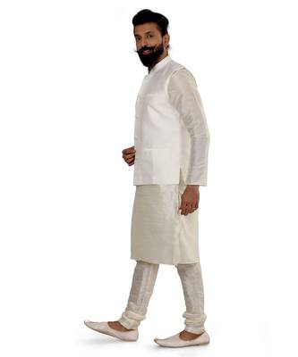 Men White Dupion Silk Nehru Jacket with Plain White Dupion Silk Kurta Churidar 4
