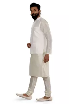 Men White Dupion Silk Nehru Jacket with Plain White Dupion Silk Kurta Churidar
