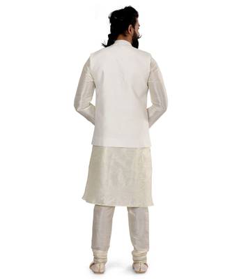 Men White Dupion Silk Nehru Jacket with Plain White Dupion Silk Kurta Churidar 5
