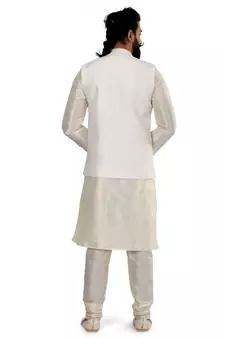 Men White Dupion Silk Nehru Jacket with Plain White Dupion Silk Kurta Churidar