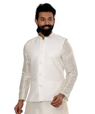 Men White Dupion Silk Nehru Jacket with Plain White Dupion Silk Kurta Churidar 6
