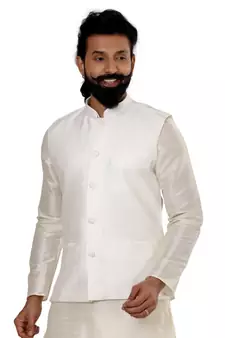 Men White Dupion Silk Nehru Jacket with Plain White Dupion Silk Kurta Churidar