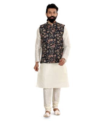 Men Black Cotton Printed Nehru Jacket with Plain White Dupion Silk Kurta Churidar 2