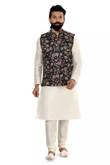 Men Black Cotton Printed Nehru Jacket with Plain White Dupion Silk Kurta Churidar