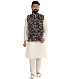 Men Black Cotton Printed Nehru Jacket with Plain White Dupion Silk Kurta Churidar