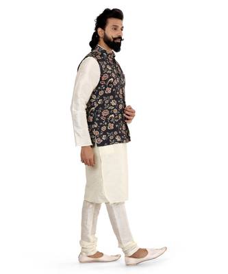 Men Black Cotton Printed Nehru Jacket with Plain White Dupion Silk Kurta Churidar 3