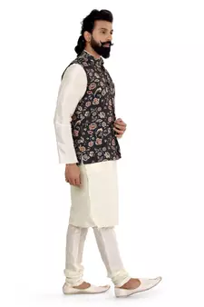 Men Black Cotton Printed Nehru Jacket with Plain White Dupion Silk Kurta Churidar