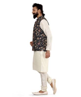 Men Black Cotton Printed Nehru Jacket with Plain White Dupion Silk Kurta Churidar 4