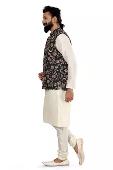 Men Black Cotton Printed Nehru Jacket with Plain White Dupion Silk Kurta Churidar