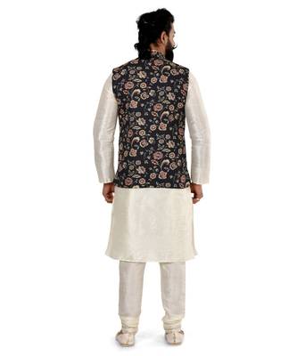 Men Black Cotton Printed Nehru Jacket with Plain White Dupion Silk Kurta Churidar 5