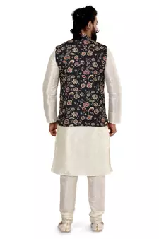 Men Black Cotton Printed Nehru Jacket with Plain White Dupion Silk Kurta Churidar