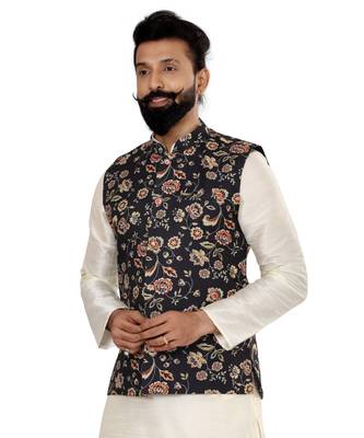 Men Black Cotton Printed Nehru Jacket with Plain White Dupion Silk Kurta Churidar 6