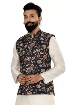 Men Black Cotton Printed Nehru Jacket with Plain White Dupion Silk Kurta Churidar