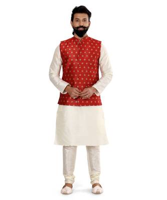 Men Red Jacquard Silk Nehru Jacket with Plain White Dupion Silk Kurta Churidar 2