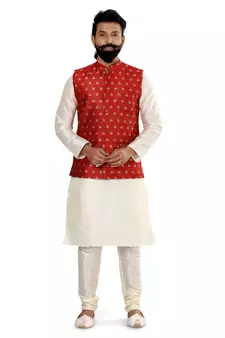 Men Red Jacquard Silk Nehru Jacket with Plain White Dupion Silk Kurta Churidar