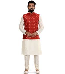 Men Red Jacquard Silk Nehru Jacket with Plain White Dupion Silk Kurta Churidar
