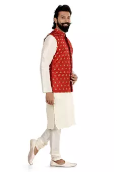 Men Red Jacquard Silk Nehru Jacket with Plain White Dupion Silk Kurta Churidar