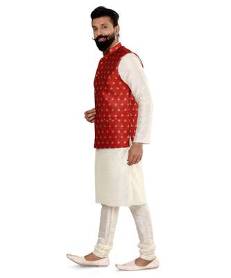 Men Red Jacquard Silk Nehru Jacket with Plain White Dupion Silk Kurta Churidar 4