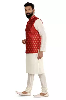 Men Red Jacquard Silk Nehru Jacket with Plain White Dupion Silk Kurta Churidar