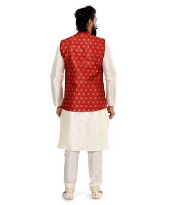 Men Red Jacquard Silk Nehru Jacket with Plain White Dupion Silk Kurta Churidar 5