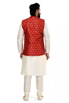 Men Red Jacquard Silk Nehru Jacket with Plain White Dupion Silk Kurta Churidar