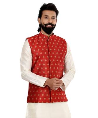 Men Red Jacquard Silk Nehru Jacket with Plain White Dupion Silk Kurta Churidar 6