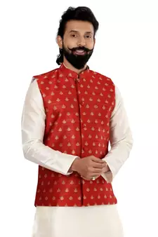 Men Red Jacquard Silk Nehru Jacket with Plain White Dupion Silk Kurta Churidar