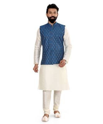 Men Blue Cotton Silk Nehru Jacket with Plain White Dupion Silk Kurta Churidar 2