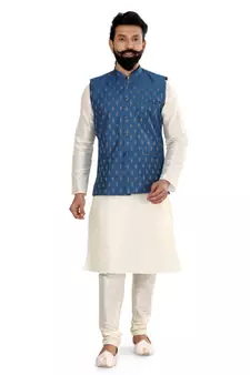 Men Blue Cotton Silk Nehru Jacket with Plain White Dupion Silk Kurta Churidar