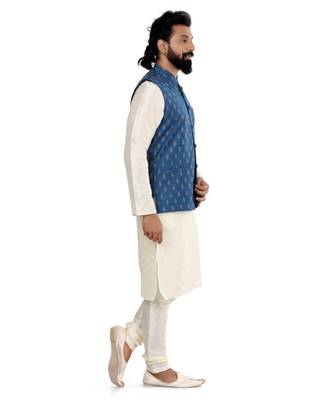 Men Blue Cotton Silk Nehru Jacket with Plain White Dupion Silk Kurta Churidar 3