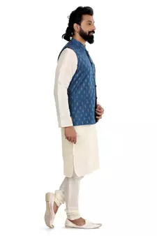 Men Blue Cotton Silk Nehru Jacket with Plain White Dupion Silk Kurta Churidar