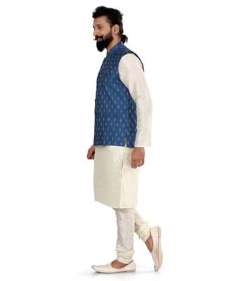 Men Blue Cotton Silk Nehru Jacket with Plain White Dupion Silk Kurta Churidar 4