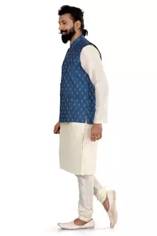 Men Blue Cotton Silk Nehru Jacket with Plain White Dupion Silk Kurta Churidar