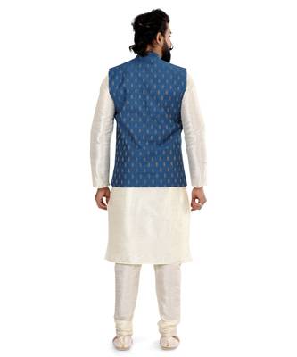 Men Blue Cotton Silk Nehru Jacket with Plain White Dupion Silk Kurta Churidar 5