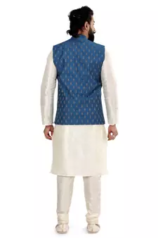 Men Blue Cotton Silk Nehru Jacket with Plain White Dupion Silk Kurta Churidar