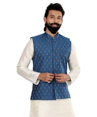 Men Blue Cotton Silk Nehru Jacket with Plain White Dupion Silk Kurta Churidar 6