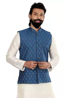 Men Blue Cotton Silk Nehru Jacket with Plain White Dupion Silk Kurta Churidar